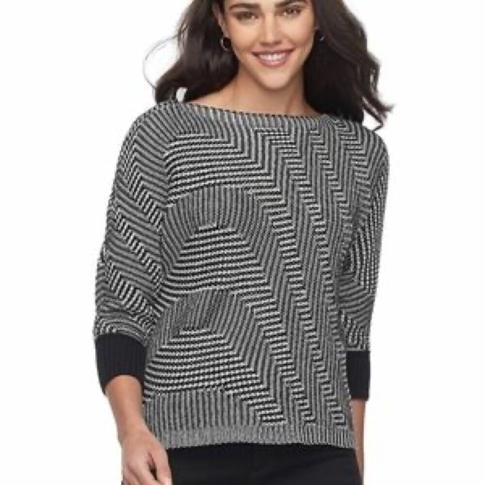 Dana Buchman Geo Stitch Black & White 3/4 Sleeve Knit Sweater | Size Large